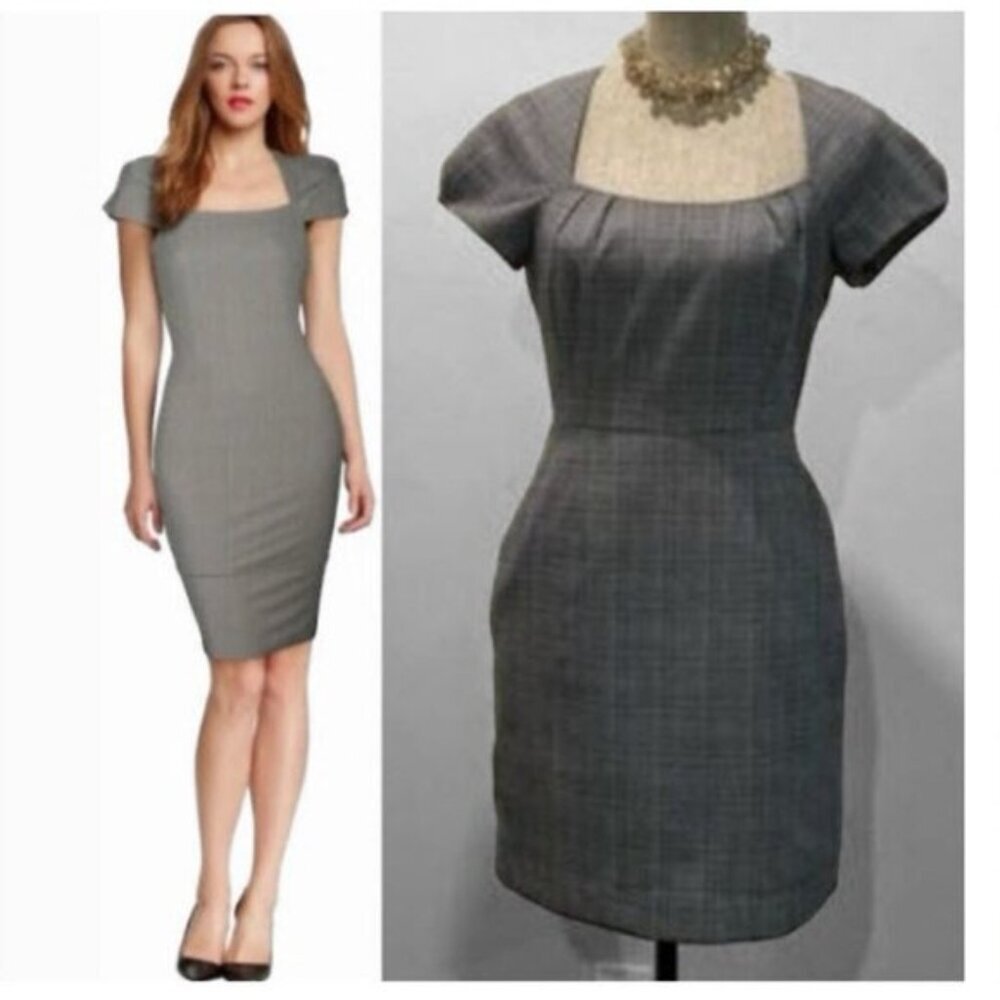 Banana Republic Fitted Gray Plaid Midi Dress Size 6